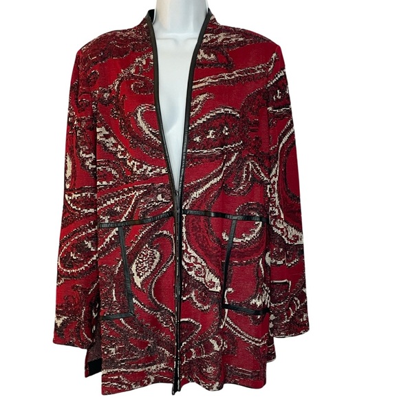 Ming Wang Knit Jacket Red Black White Paisley Pattern Faux Leather Trim Size M - Picture 1 of 11